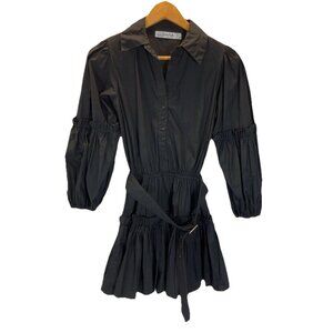 Lusana Black poplin Tiered mini shirt dress long Puff sleeve size S City crisp‎
